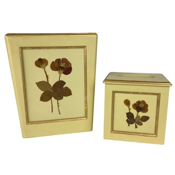 Vintage Wooden Floral Waste Basket and Tissue Box Cover Set Floral Cottagecore - Picture 1 of 15